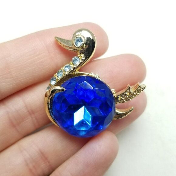 Vintage Blue Rhinestone Bird Swan Brooch, Duck Goose Lapel Pin, Estate - Picture 5 of 6